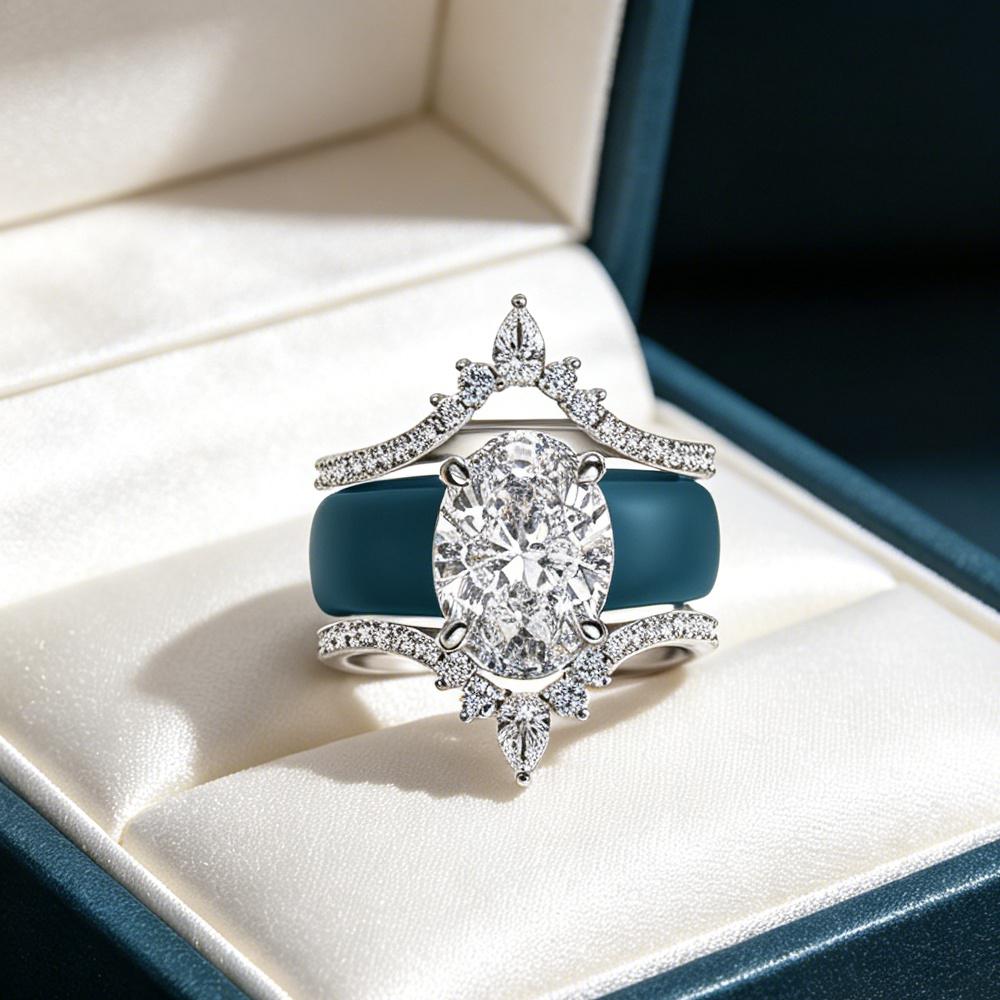 Teal/Blue Silicone Crown Wedding Ring Set S Oval Cut CZ Stackable Engagement Rings for Women Bridal Promise Jewelry Gift