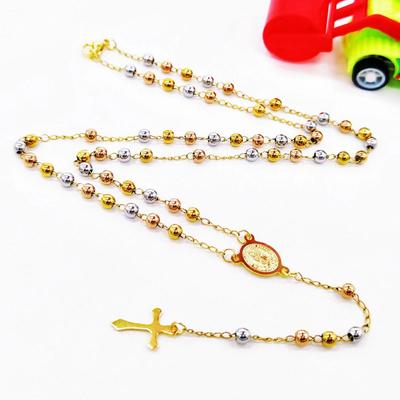 Collana Croce Elegante Tricolore Oro, Rosa e Acciaio con Perle Rotonde