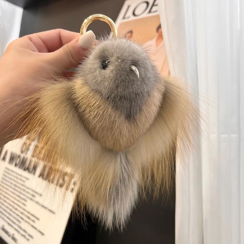 Hip Hop Nerzfell Schlüsselanhänger Herren Verkündigungs-Vogel Anhänger Schlüsselring Tasche Schlüssel Schmuckstück Echtes Fell Spielzeug Pompon Anhänger Geschenke Damen