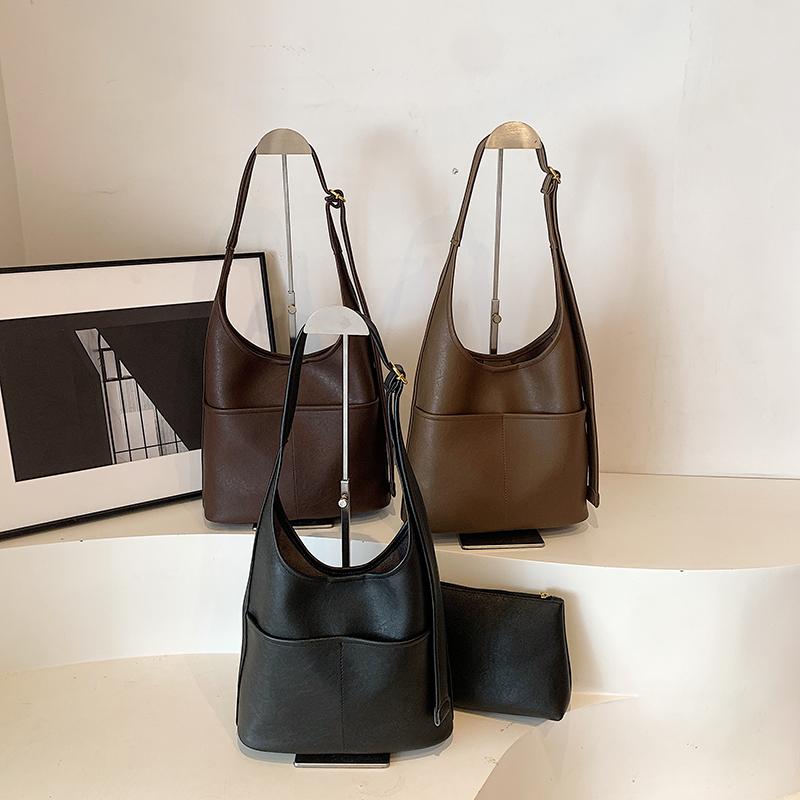 Velkokapacitní jednobarevné kabelky s přezkou z PU pro ženy, nákupní tašky, retro všestranné crossbody kabelky s šicí nití