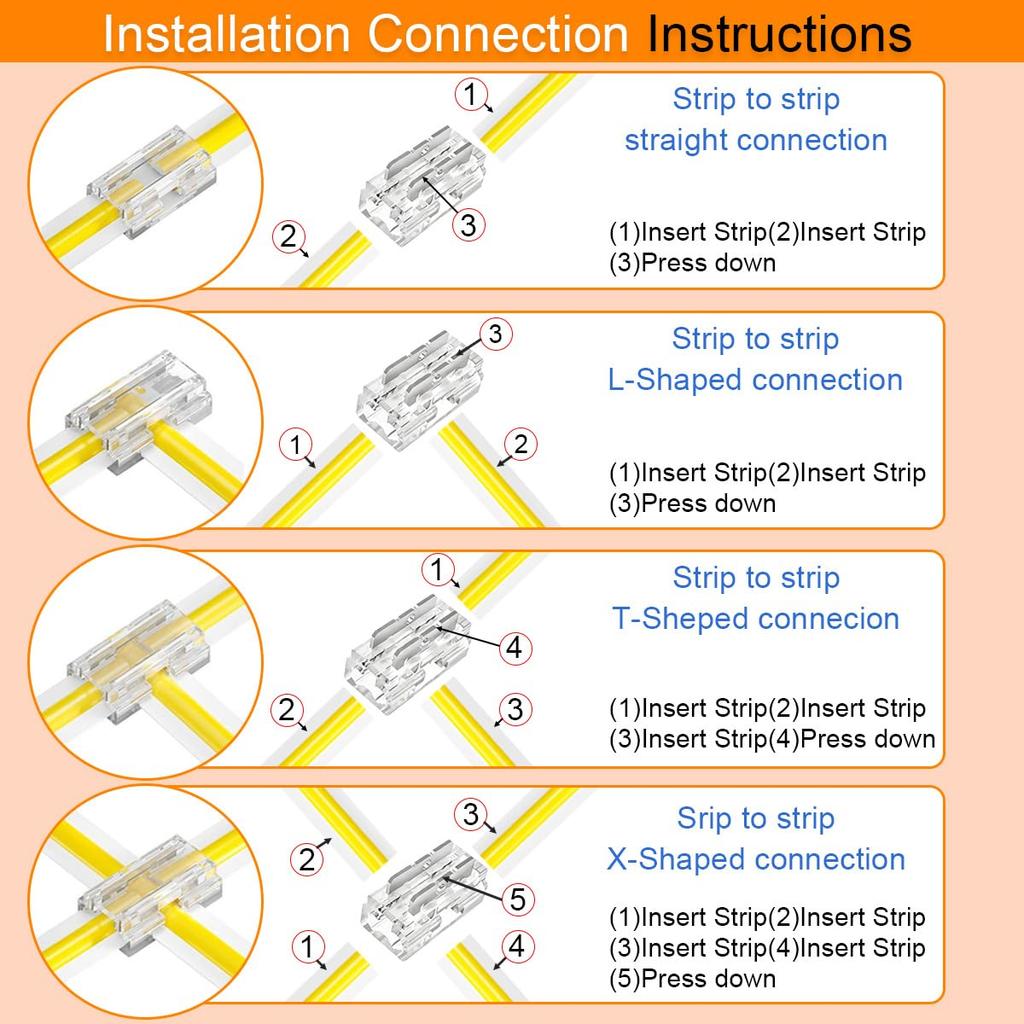 HAAMNING7 25-Pack 9-in-1 LED Connectors, 10mm 2-Pin, with 2m79-inch 22AWG Wire, for COB SMD 2835 3528 LED Strips, 9 Types of Connection Light