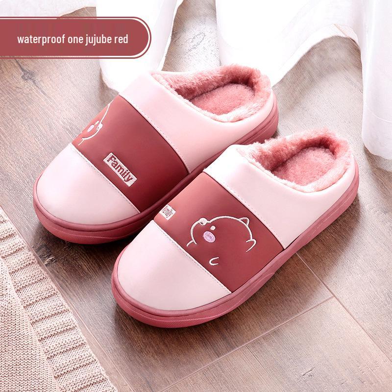 Women's and Men's Non-Slip Waterproof PU Leather Indoor Winter Slippers - Warm and Cute for Couples