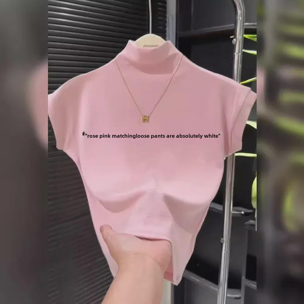 Damen Schwarzes Slim Kurzarm T-Shirt mit Halbochkragen, Frühjahr/Sommer Kollektion 2025