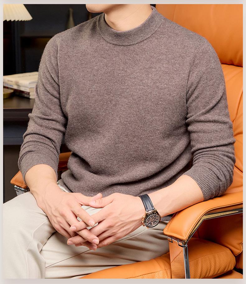 Men’s Autumn-Winter Pure Wool Machine Washable Sweater, Thickened, Half-High Collar, Warm Base Layer