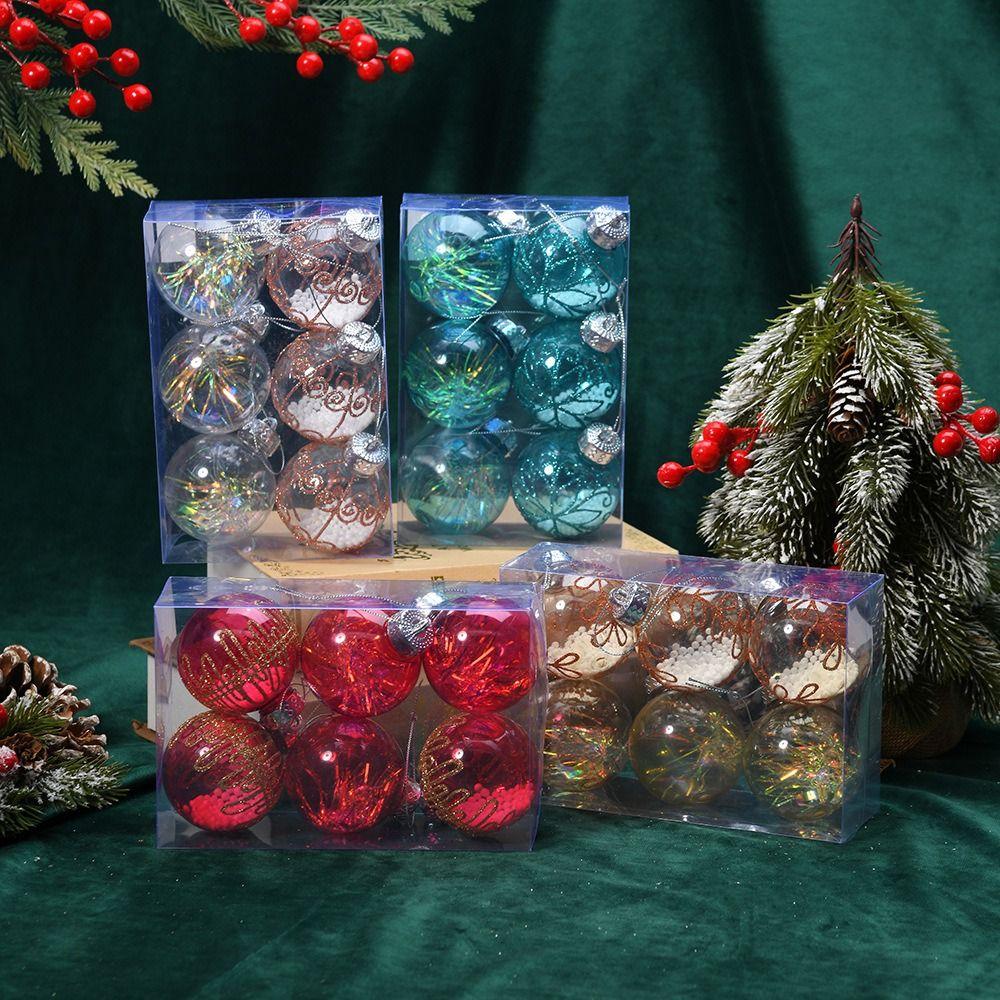 6Pcs New 6cm Ball Set Golden border Plastic Christmas Ball Pendant grid painted Hanging Xmas Tree Decor