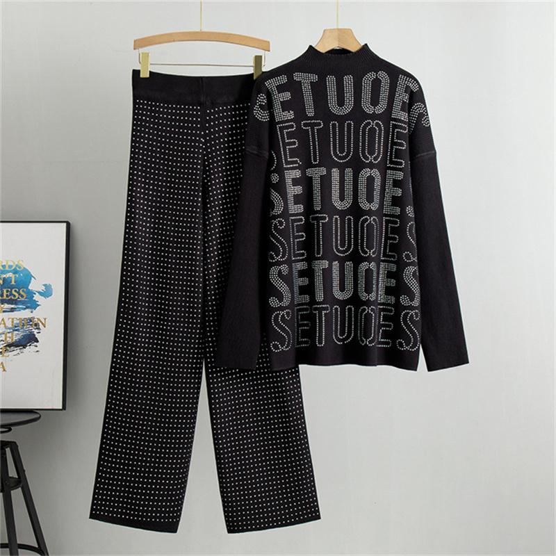 Autumn And Winter Women's Hot Diamond Letter Casual Top Loose and Comfortable Design Pants Set