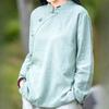 Women Casual Loose Cotton Linen T-shirt Chinese Style HanFu Top Summer Stand Collar Buckle Button Tea Clothing Top