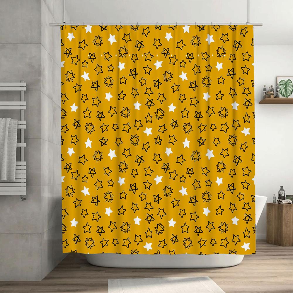 Modern Bathroom Decor Shower Curtain with White Stars Pattern for Home Living Room Decoration Waterproof Printing Fabric (Yellow