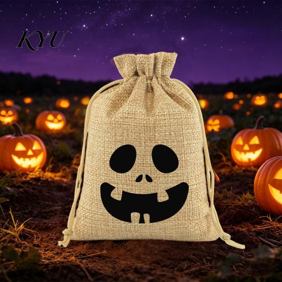 Cute Holiday Gift Sacks 2 Pcs Halloween Burlap Bags with Drawstring, Trick or Treat Ghost Face Pumpkin Prints Candy Pouch, Reusable Goodies