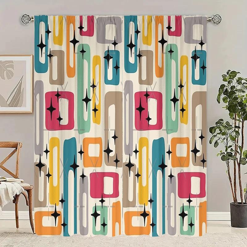 2pcs Retro Geometric Star Printed Curtains, Designed for Light Filtering, Quality Material, Ideal for Mid-Century Modern Home Wi