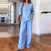 Women's V Neck Linen Blend Two Piece Outfit 3/4 Sleeve Shirt and Wide Leg Pants Set
