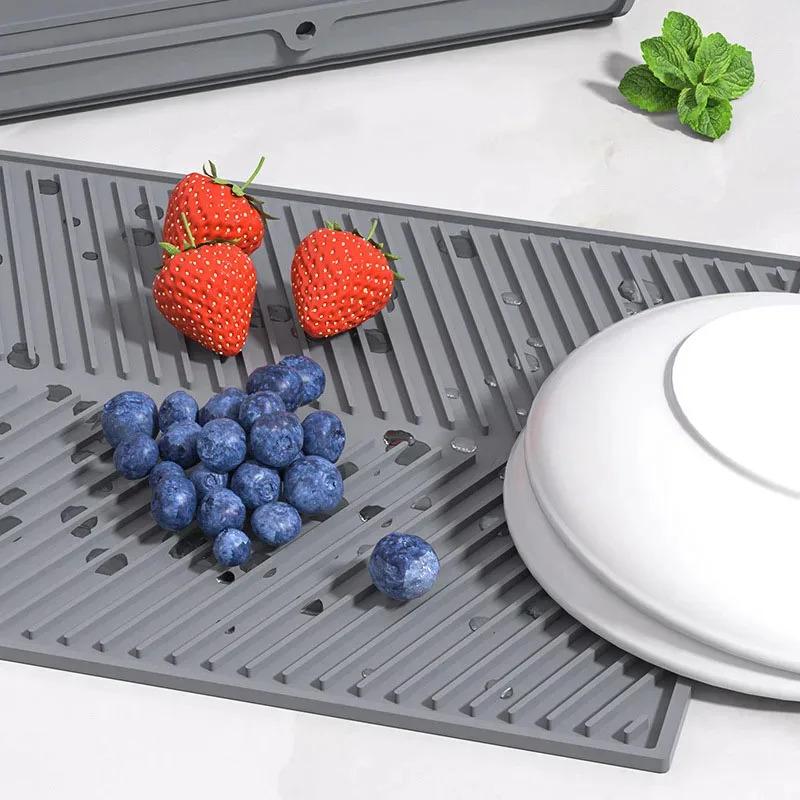 S/M/LSilicone Draining Board Mat Drying Pad Folding Heat Machine Mat with Raised Edges Countertop Mats Dish for Kitchen Pot Cup