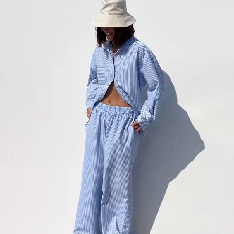 

Fashion Loose Plaid Fashion Stripes Shirt Pants Suit Striped Shirt and Pants Set Blue L