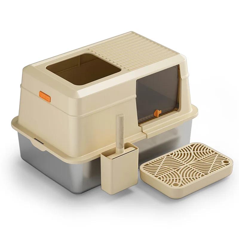 Fully Enclosed Cat Litter Box Stainless Steel Large Size Cats Litter Boxes Top Entry Open Exit Cat Toilet Scoop Pet Supplies