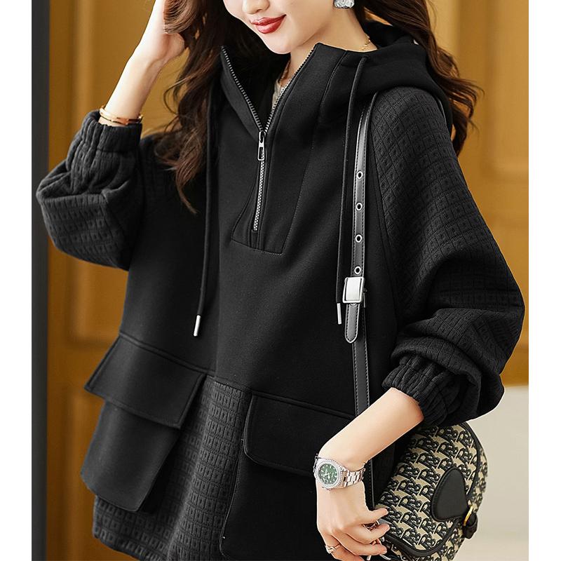 Damtröja Höst och vinter Nytt mode koreanskt temperament Färg Kollision Skarvning Huvtröja med dragkedja Kvinna