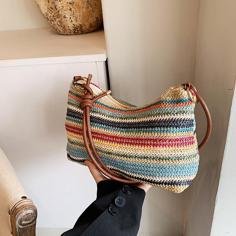 Women's Striped Woven Straw Tote Bag - Lightweight Large Capacity with Detachable Coin Purse & Zip Closure for Beach Vacation