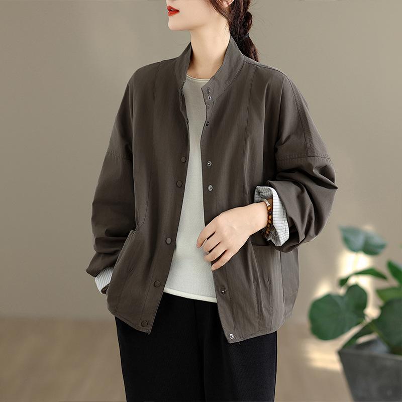 

2026 Striped Patchwork Cuff Jacket: Early Autumn Casual Short Coat with Stand Collar for Women 2XL серый