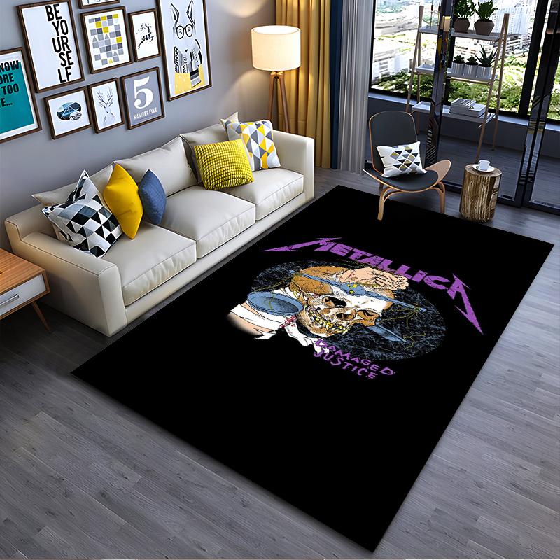 Rock Music Area Rug, Metallica Damaged Justice Skull Drill Purple Logo Print, Music Fan Garage Decor, Non-Slip Mat