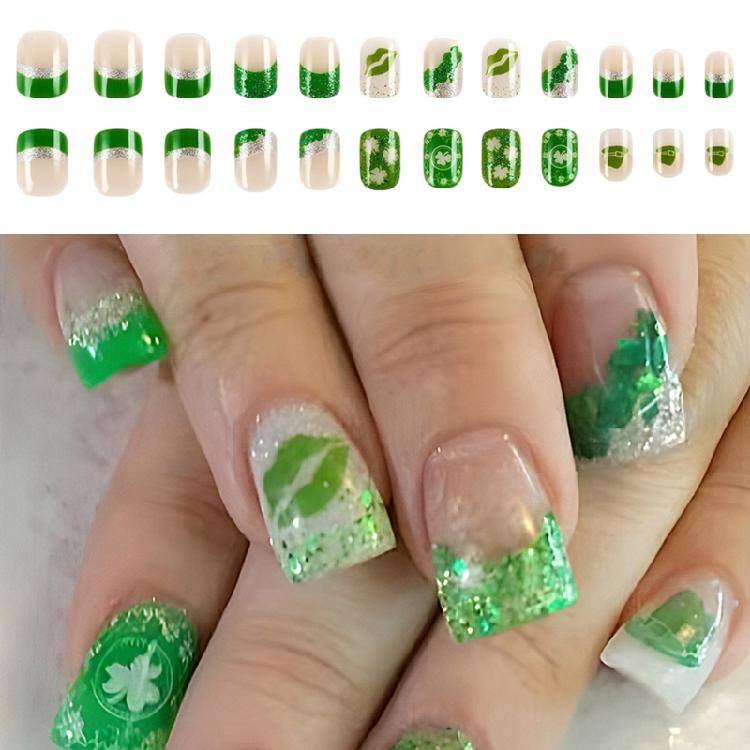 24 Pcs Lip Print Stick on Nail Saint Patricks Day False Nail French Tip Press On Nail Shamrocks Artificial Nail