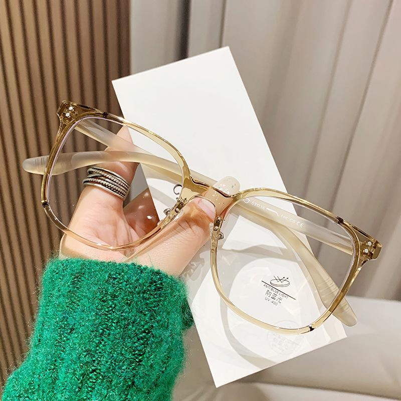 Hanfeng Tr90 Large Frame Anti-Blue Glasses Frame, Men'S And Women'S Plain Square Frame Retro Flat Glasses 1123T