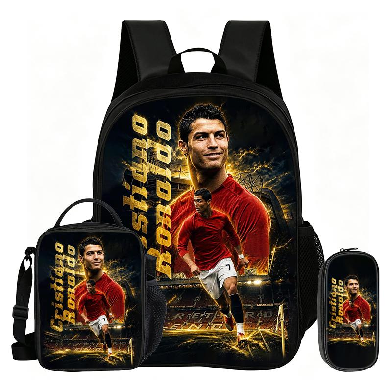 Ronaldo 3Pcs Set School Backpack Football Sport Backpack,Pencil Bags,with Lunch bag,Football Star Bookbag Knapsack