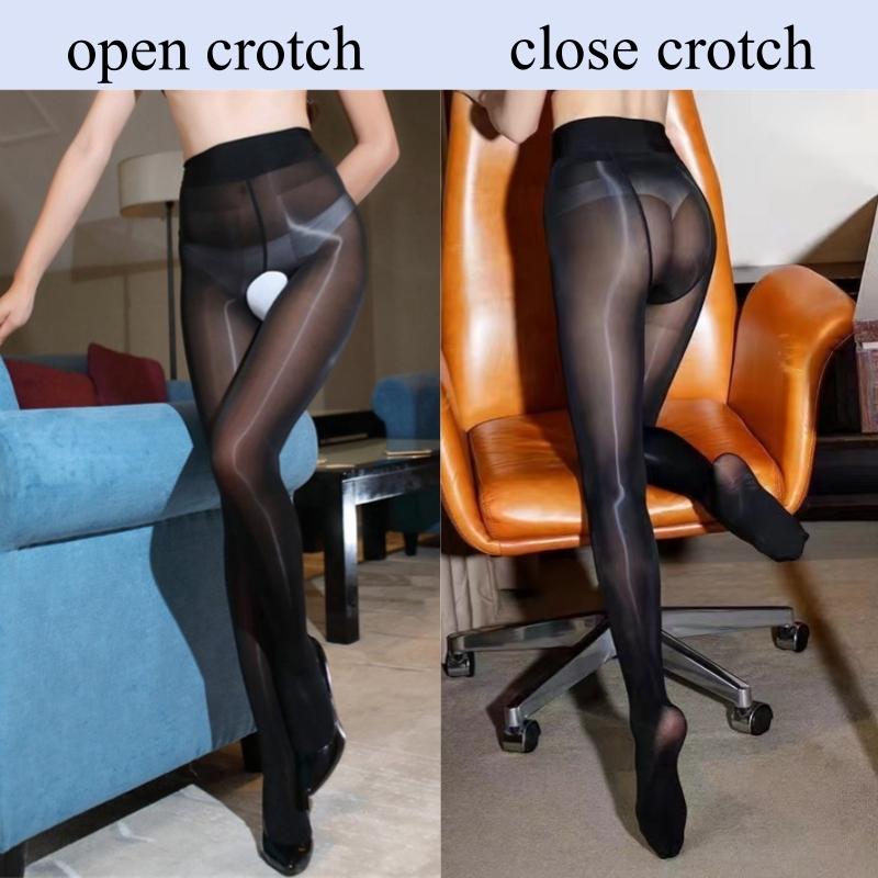 8D Ultra Thin Transparent Stockings Vintage Oil Glossy High Waist Nylon Pantyhose Women Sexy One Line Open Crotch Tights