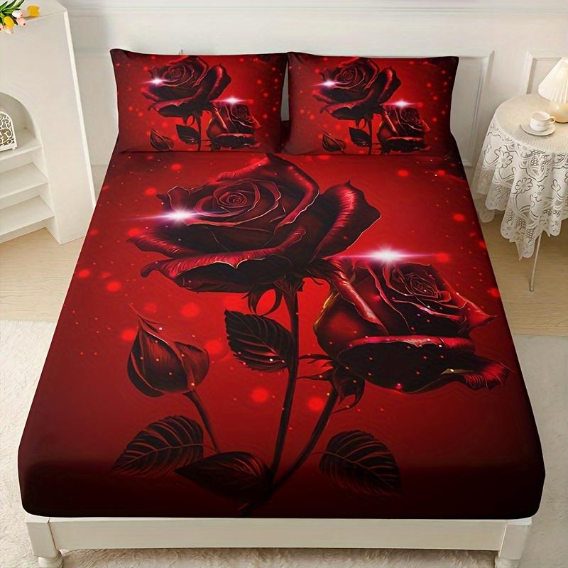 1pc Fitted Sheet Romantic Red Rose Printed 100% Polyester Breathable Bedding Set for Home Bedroom Decor Without Pillowcase