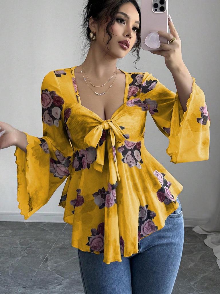 European Floral Gradient Tie-Up Square Neck Long Sleeve Shirt