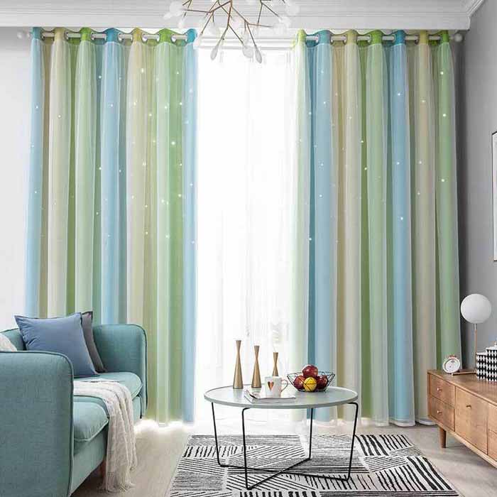 Gradient Striped Blackout Curtains Dual-Layer Sheer & Fabric Grommet Top All-in-One Window Drapes Home Decor