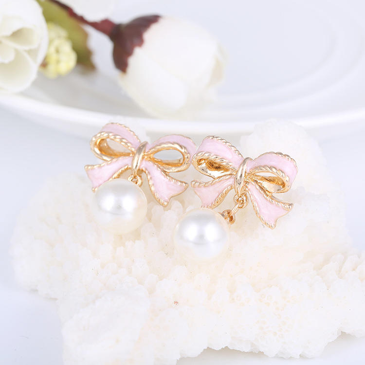 Bow Oil Dripping Earrings Shell Imitation Pearl Earrings Ear Clips No Ear Holes