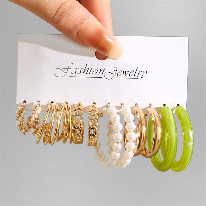 Trendy Colorful Earrings Set For Women Girls Green Resin Pearl Gold Color Metal Circle Dangle Earrings 2026 New Fashion