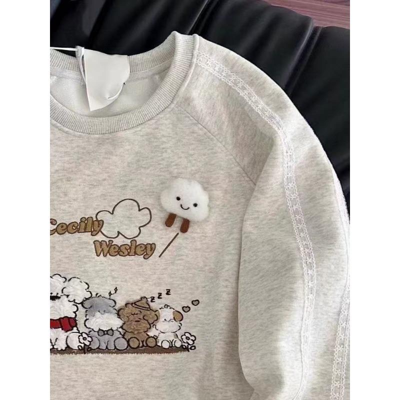 Lace Design with Puppy Pattern Women's Hoodie Round Neck Woman Long Sleeved Pullover Autumn Loose Casual Fashion Top