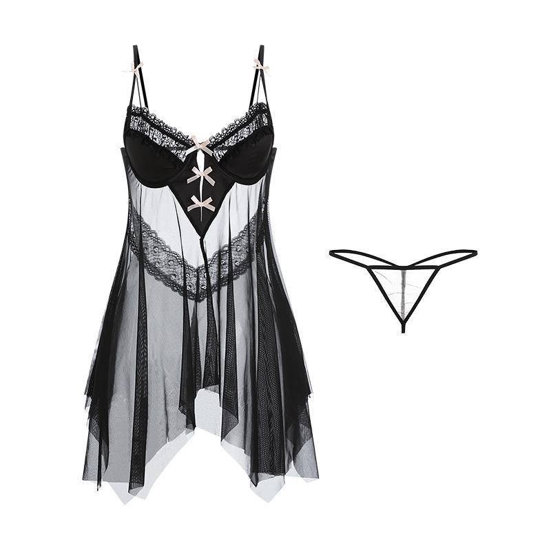 Sex underwear sexy plus chest pad steel ring gathering deep V temptation perspective mesh women's suspender nightdress