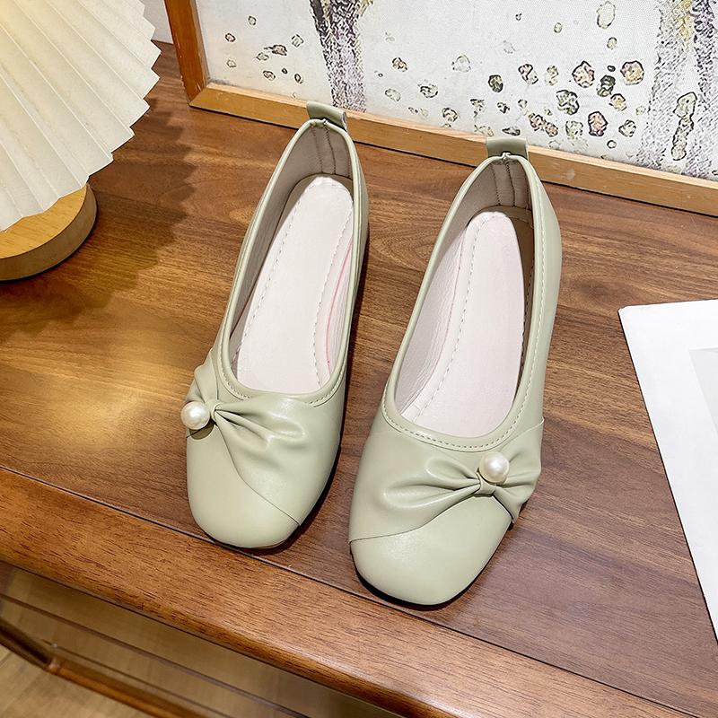 Women's Flat Shoes Spring New Square Head Shallow Mouth Pearl Soft Sole Anti-slip Wear-resistant Single Shoes