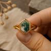 Wedding Engagement Anniversary Promise Gift – Vintage Hexagon Cut Moss Agate Ring, Yellow Gold Plated Bezel Setting Bridal Jewelry for Women