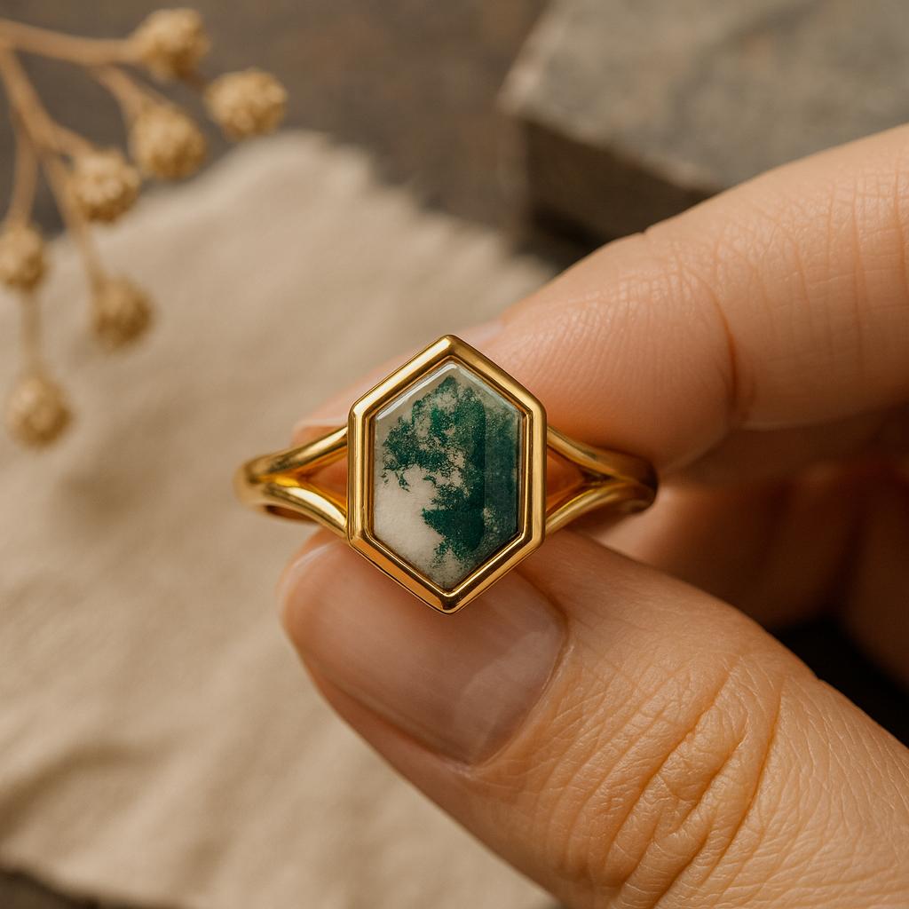 Wedding Engagement Anniversary Promise Gift – Vintage Hexagon Cut Moss Agate Ring, Yellow Gold Plated Bezel Setting Bridal Jewelry for Women