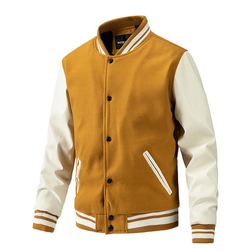 Men's Autumn/Winter Fashion Baseball Jacket - Wool & PU Sleeve Casual Outerwear