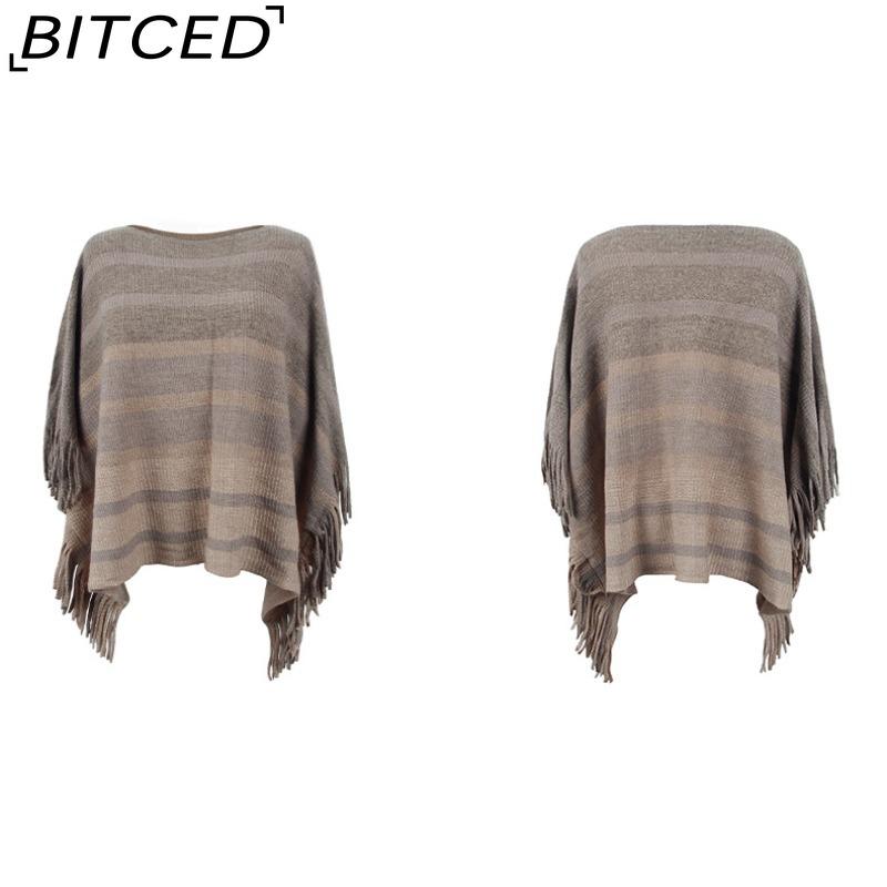 BITCED Off-Shoulder Fringe Shawl Women's Autumn Color-Block Striped Cape Coat