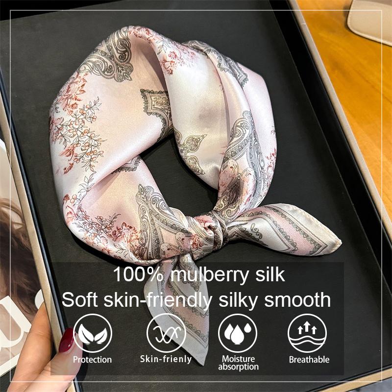 100% Silk Scarf Retro Cross Flower Pattern Square Scarves for Women Wrap Kerchief Mulberry Silk Bandana Headband Hijab