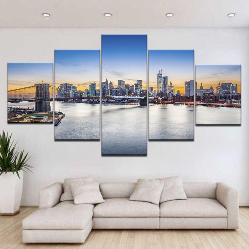 Leinwandgemälde Wohnzimmerdeko Drucke Poster 5 Stück Rahmen Brooklyn Bridge Sonnenuntergang Stadt Nachtansicht Bilder Wandkunst Kein Rahmen