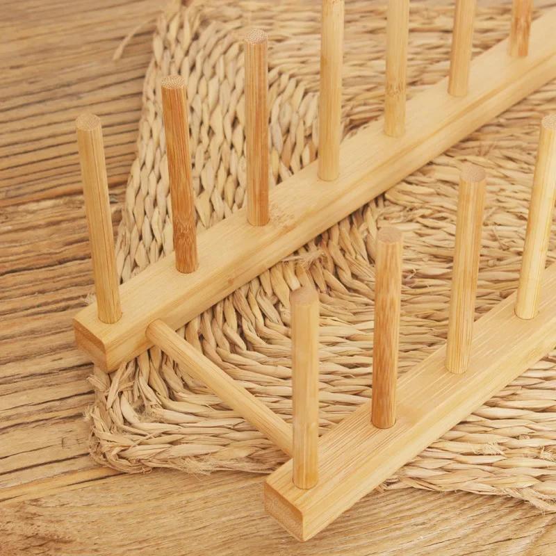 Kitchen Dish Drain Rack Wooden Display Stand Drainer Holder Drying Bowl Holder Simple Pot Lid Shelf Dinnerware Storage Organizer