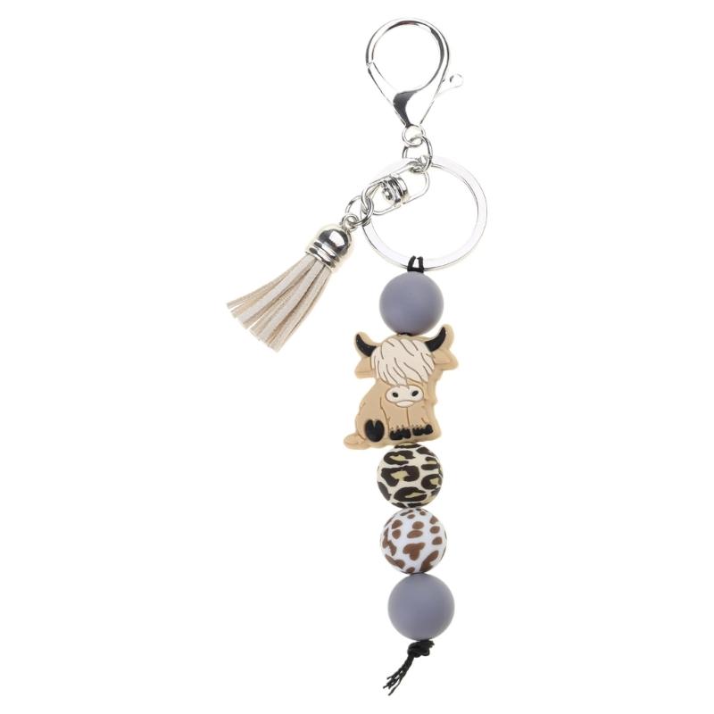 

Highland Cow Keychain Cartoon Animal Pendant Keyring Fashionable Silicone Bead Key Rings Ornament for Backpack and Phone