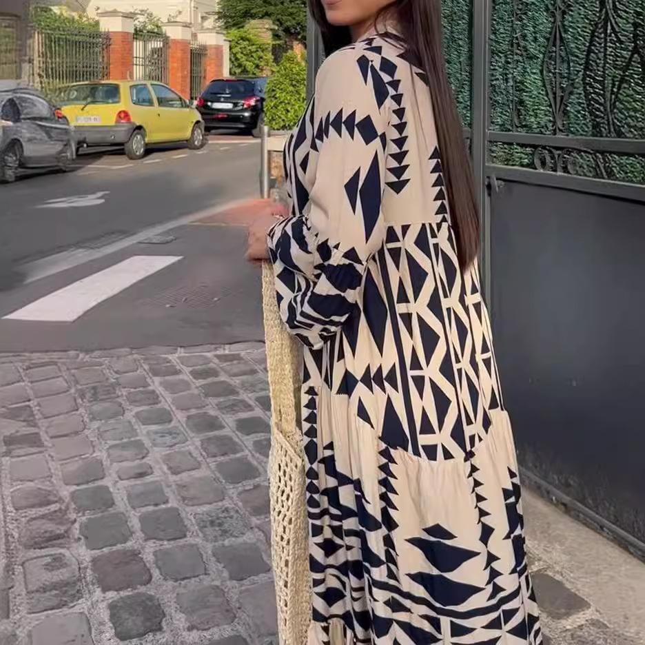 YYFS Women's Fashion Spring Fall Geometric Print Long Sleeve V-Neck Middle Waistline Casual Dresses