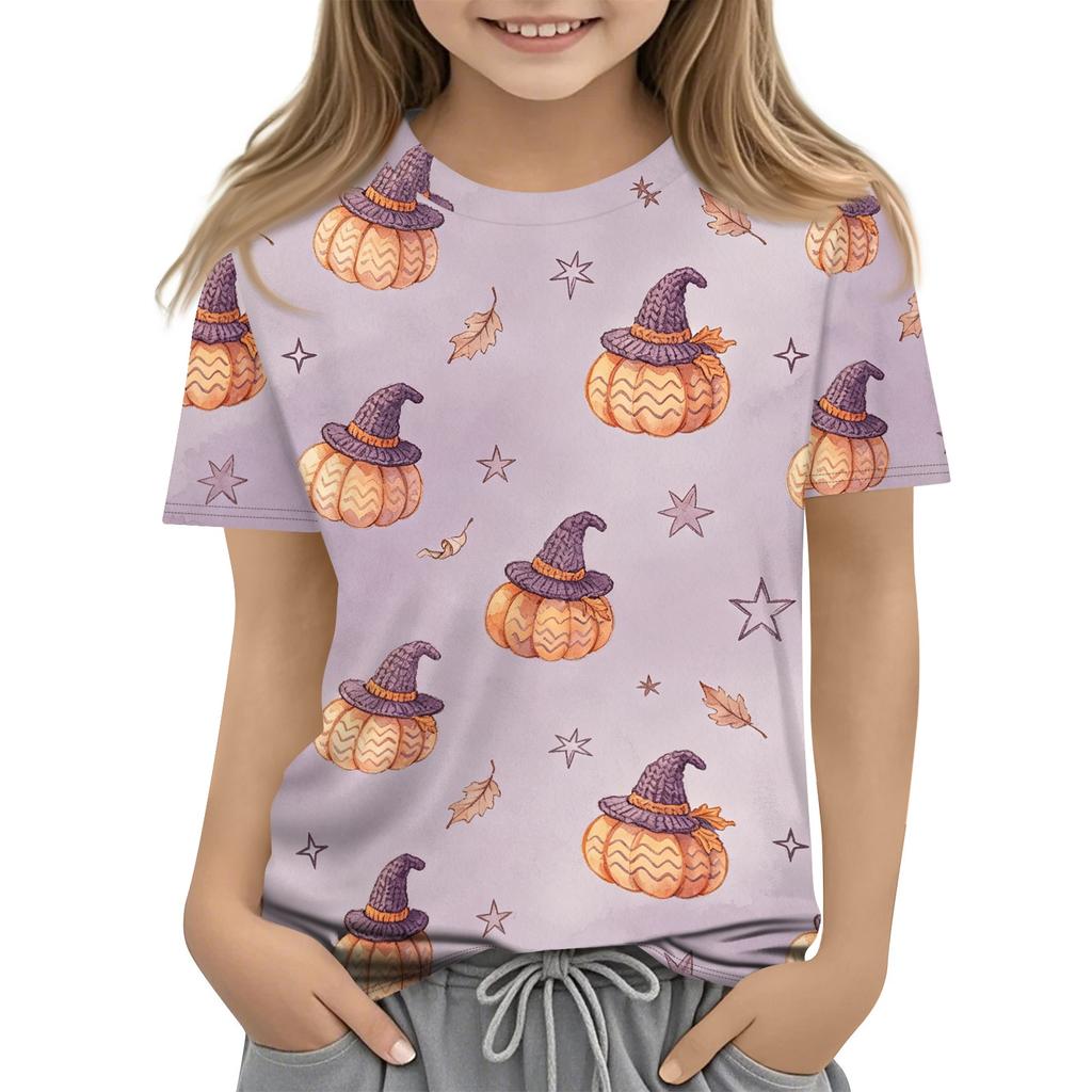 Kids Halloween Printed Short Sleeve T Shirt Casual Round Neck Top Boys Girls Comfortable Fit All Over Pattern Tee
