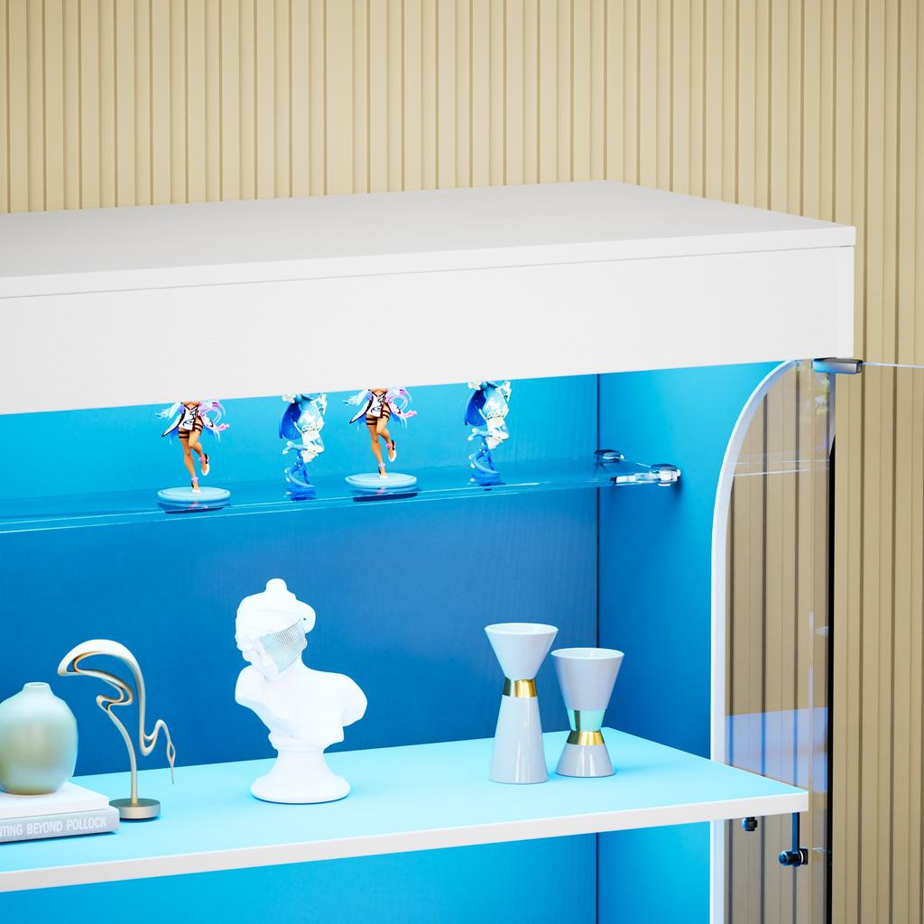 Four-tier glass display cabinet, storage, LED lighting, glass doors, smart sensors, dustproof, for living room, bedroom, offices. White. 80*35*165cm