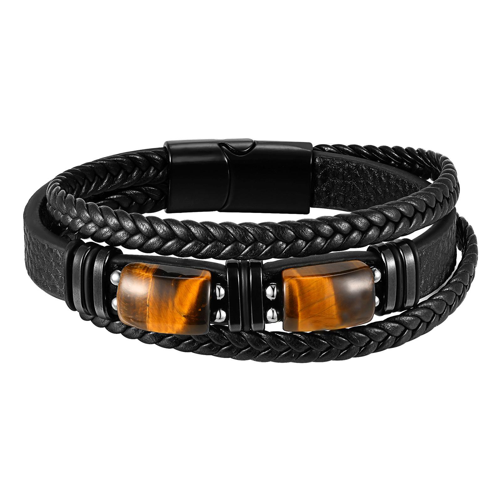 

Vnox Big Tiger Eye Stone Beads Leather Bracelets, Layered Black Woven Leather Bangles, Natural Gemstone Stress Relief Bracelets