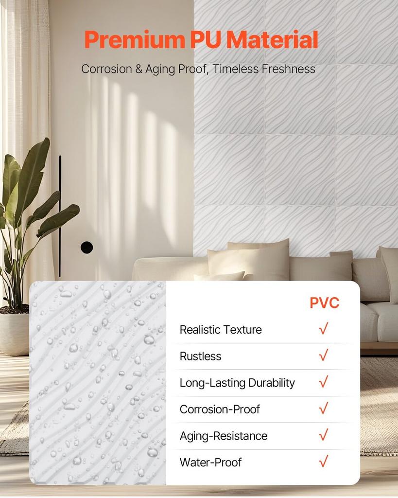 3D Wall Panels 12-Pack 19.7x19.7'' PVC 32 Sq.Ft Coverage Wave Matte White