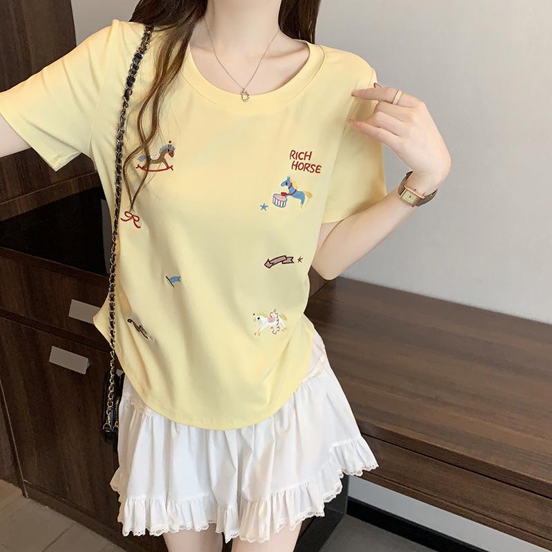 2026 Summer Plus Size Women's Sweet Cartoon Embroidery Round Neck T-Shirt