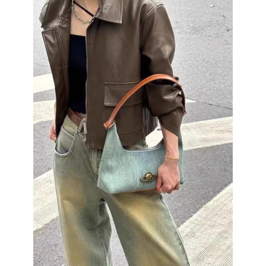 New Denim Canvas Shoulder Bags Casual Blue Top Handle Bags for Women Y2k Underarm Bags Fashion Female Planet Decor Handbags