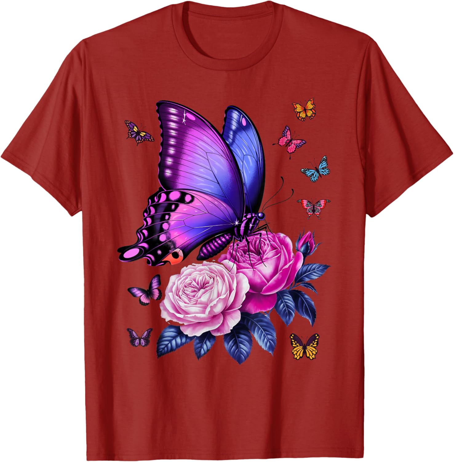 Vibrant Purple Butterfly and Rose Graphic Tee Shirt Breathable Casual Short Sleeve Top S